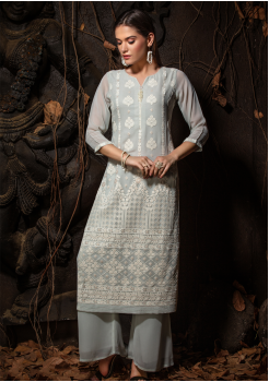 Grey Color Designer Georgette Straight Cut Kurti